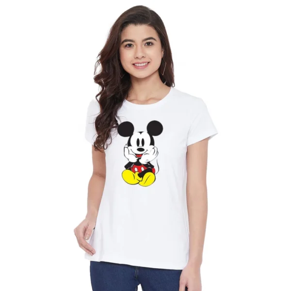 Women's Cotton Blend Mickey Mouse Printed T-Shirt (White)