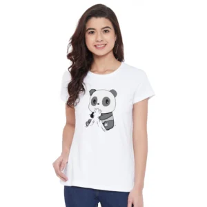 Women's Cotton Blend Panda Bites Printed T-Shirt (White)