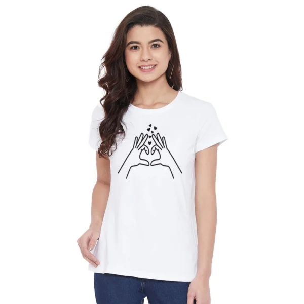 Women's Cotton Blend Heart Hands Line Art Printed T-Shirt (White)