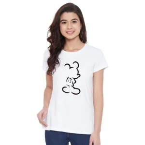 Women's Cotton Blend Mickey Mouse Line Art Printed T-Shirt (White)