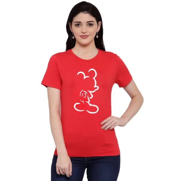 Women's Cotton Blend Mickey Mouse Line Art Printed T-Shirt (Red)