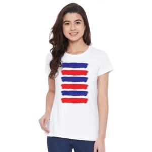 Women's Cotton Blend Purple And Red Lines Printed T-Shirt (White)