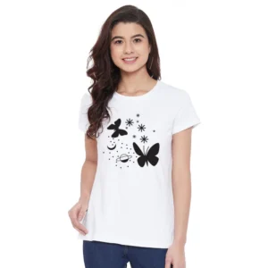 Women's Cotton Blend Butterfly With Star Printed T-Shirt (White)