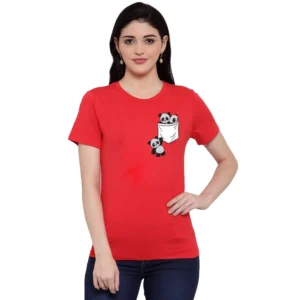 Women's Cotton Blend Pandas In My Pocket Printed T-Shirt (Red)