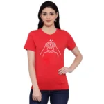 Women's Cotton Blend Heart Hands Line Art Printed T-Shirt (Red)