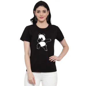 Women's Cotton Blend Dancing Panda Printed T-Shirt (Black)