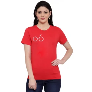 Women's Cotton Blend Right Corner Black Eye Glasses Line Art Printed T-Shirt (Red)