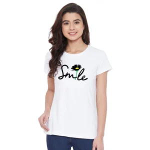 Women's Cotton Blend Smile With Flower Printed T-Shirt (White)