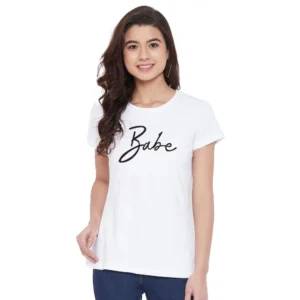 Women's Cotton Blend Babe Printed T-Shirt (White)