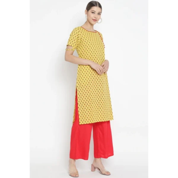 Women's Casual Short Sleeves Floral Printed Cotton & Rayon Kurti Palazzo Set (Yellow & Red)