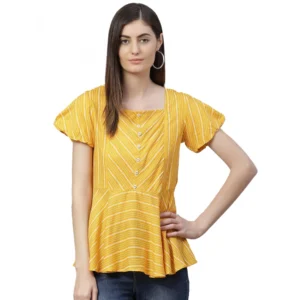 Women's Casual Short Sleeves Stripe Printed Rayon Top (Mustard)