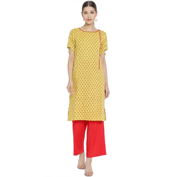 Women's Casual Short Sleeves Floral Printed Cotton & Rayon Kurti Palazzo Set (Yellow & Red)