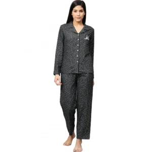 Women's Casual Full Sleeves Polka Dot Printed Rayon Shirt With Pyjama Pant Night Suit Set (Grey)