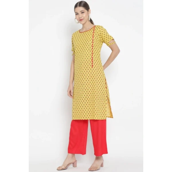 Women's Casual Short Sleeves Floral Printed Cotton & Rayon Kurti Palazzo Set (Yellow & Red)