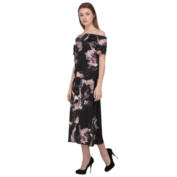 Women's Cotton Blend Abstract Short Sleeves Dress (Black)