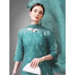 Women's Casual 3-4 th Sleeve Embroidery Cotton Kurti Pant Dupatta Set (Teal)