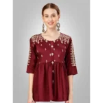 Women's Casual 3-4 th Sleeve Embroidered Silk Tunic Top (Rust)