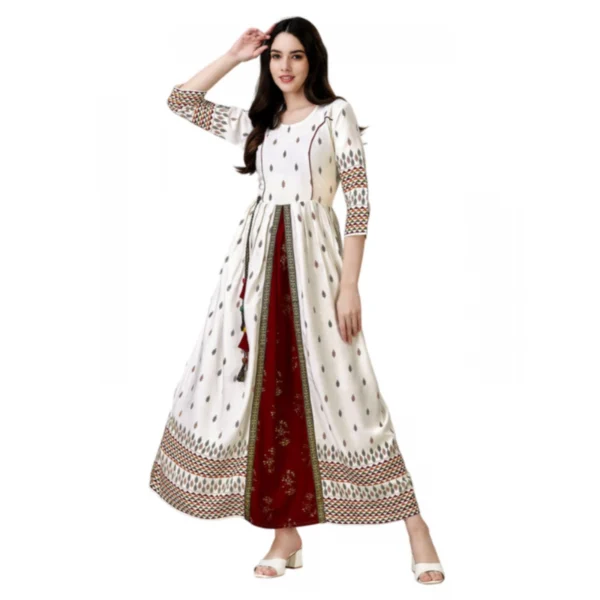 Women's Casual 3-4 th Sleeve Printed Rayon Gown (White)