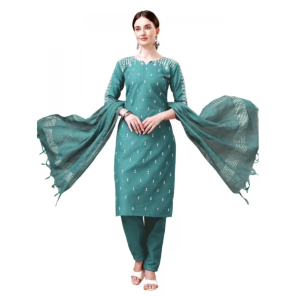 Women's Casual 3-4 th Sleeve Embroidery Cotton Kurti Pant Dupatta Set (Teal)