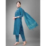 Women's Casual 3-4 th Sleeve Embroidery Cotton Kurti Pant Dupatta Set (Blue )