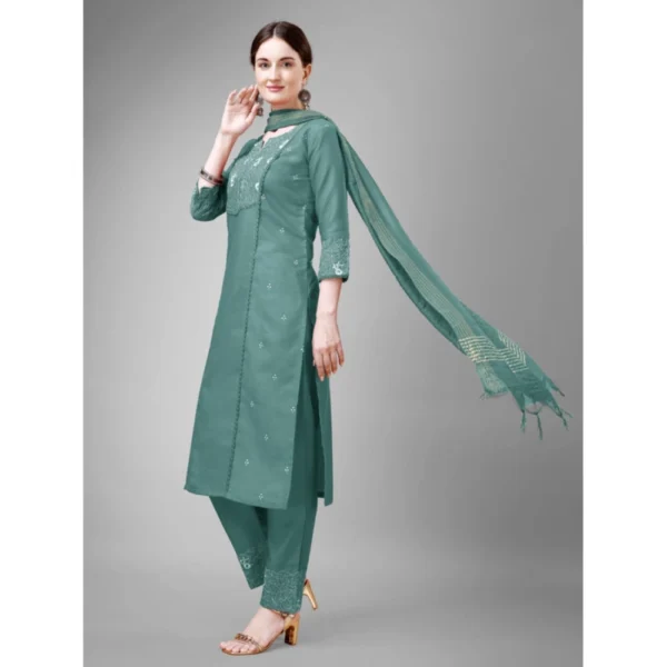 Women's Casual 3-4 th Sleeve Embroidery Cotton Kurti Pant Dupatta Set (Teal)