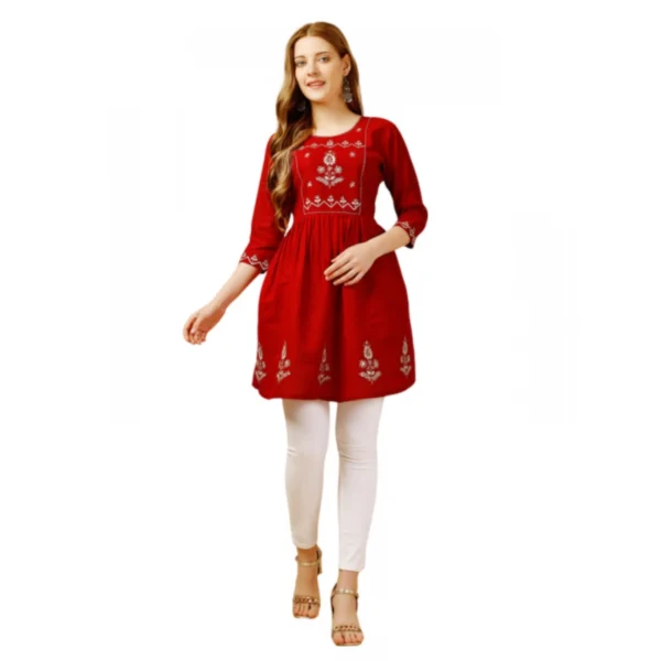 Women's Casual 3-4 th Sleeve Embroidered Rayon Tunic Top (Red)