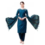 Women's Casual 3-4 th Sleeve Embroidery Cotton Kurti Pant Dupatta Set (Blue )