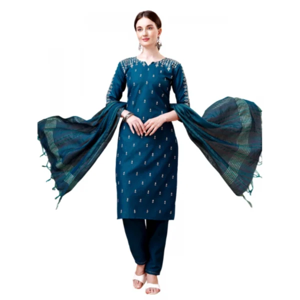 Women's Casual 3-4 th Sleeve Embroidery Cotton Kurti Pant Dupatta Set (Blue )