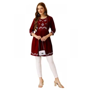 Women's Casual 3-4 th Sleeve Embroidered Rayon Tunic Top (Maroon)