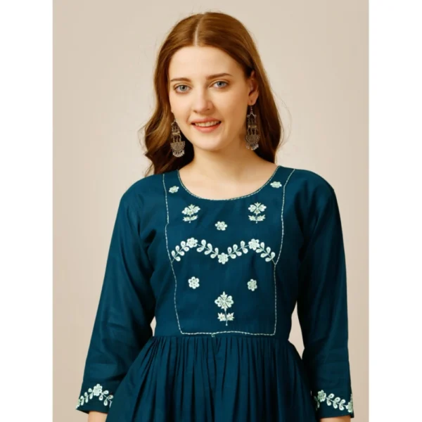 Women's Casual 3-4 th Sleeve Embroidered Rayon Tunic Top (Blue)