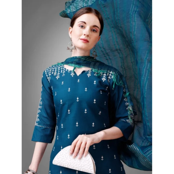 Women's Casual 3-4 th Sleeve Embroidery Cotton Kurti Pant Dupatta Set (Blue )