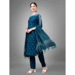 Women's Casual 3-4 th Sleeve Embroidery Cotton Kurti Pant Dupatta Set (Blue )