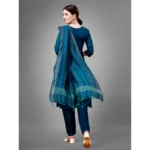 Women's Casual 3-4 th Sleeve Embroidery Cotton Kurti Pant Dupatta Set (Blue )