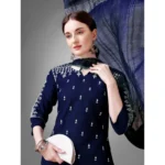 Women's Casual 3-4 th Sleeve Embroidery Cotton Kurti Pant Dupatta Set (Dark Blue)