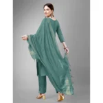 Women's Casual 3-4 th Sleeve Embroidery Cotton Kurti Pant Dupatta Set (Teal)