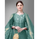 Women's Casual 3-4 th Sleeve Embroidery Cotton Kurti Pant Dupatta Set (Teal)