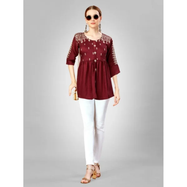 Women's Casual 3-4 th Sleeve Embroidered Silk Tunic Top (Rust)