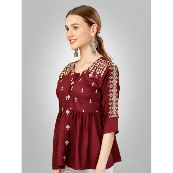 Women's Casual 3-4 th Sleeve Embroidered Silk Tunic Top (Rust)