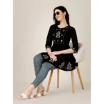 Women's Casual 3-4 th Sleeve Embroidered Rayon Tunic Top (Black)