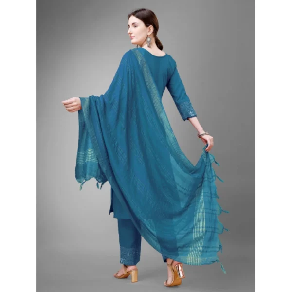 Women's Casual 3-4 th Sleeve Embroidery Cotton Kurti Pant Dupatta Set (Blue )