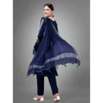 Women's Casual 3-4 th Sleeve Embroidery Cotton Kurti Pant Dupatta Set (Dark Blue)