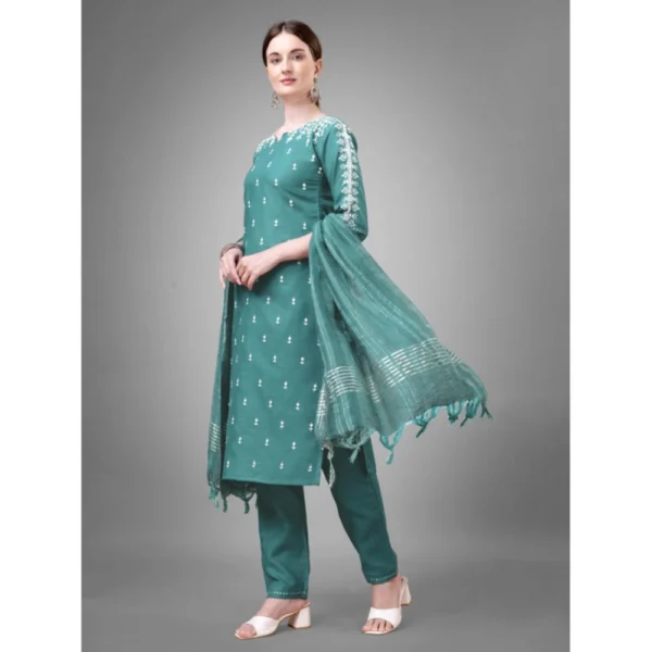 Women's Casual 3-4 th Sleeve Embroidery Cotton Kurti Pant Dupatta Set (Teal)