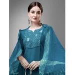 Women's Casual 3-4 th Sleeve Embroidery Cotton Kurti Pant Dupatta Set (Blue )