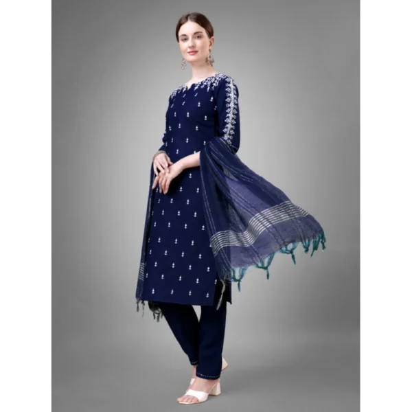 Women's Casual 3-4 th Sleeve Embroidery Cotton Kurti Pant Dupatta Set (Dark Blue)