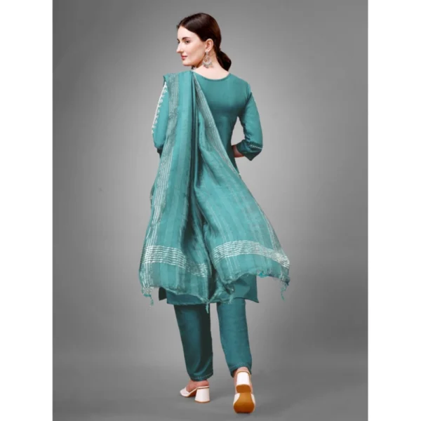 Women's Casual 3-4 th Sleeve Embroidery Cotton Kurti Pant Dupatta Set (Teal)