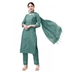 Women's Casual 3-4 th Sleeve Embroidery Cotton Kurti Pant Dupatta Set (Teal)