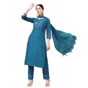 Women's Casual 3-4 th Sleeve Embroidery Cotton Kurti Pant Dupatta Set (Blue )