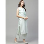 Women's Casual Sleeveless Abstract Poly Silk Kurti and Palazzo Set (Mint Green)