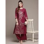 Women's Casual 3-4Th Sleeve Floral Printed Crepe Kurti And Palazzo Set (Dark Pink)