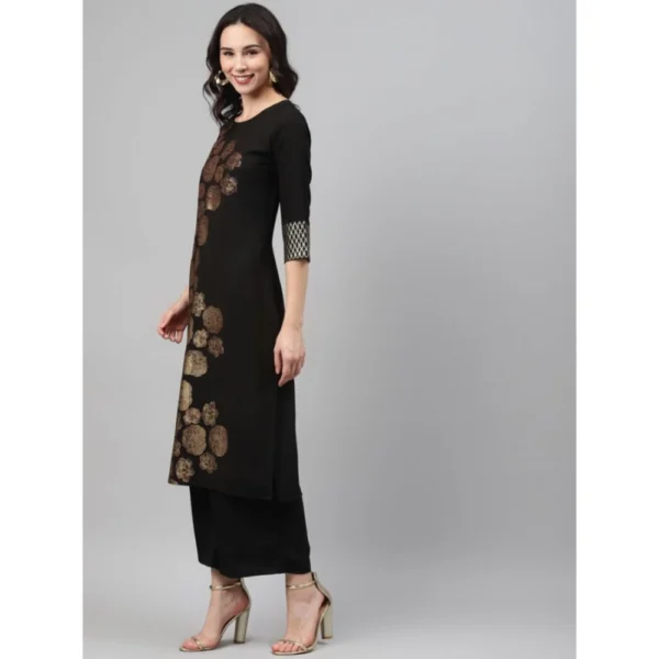 Women's Casual 3-4Th Sleeve Floral Printed Crepe Kurti And Palazzo Set (Black)